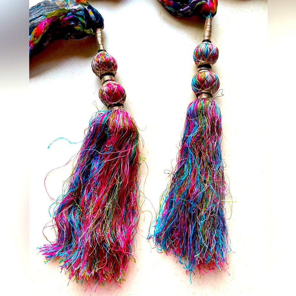Multicolor Tassel Necklace Scarf with tassel details. 66”.    long